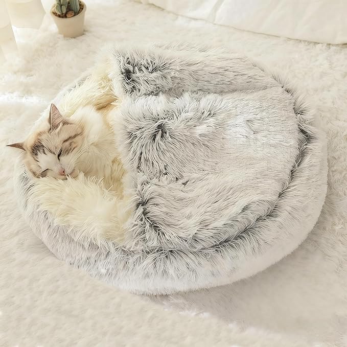 Cat Bed Round Fluffy Hooded Cat Bed Cave, Anti-Anxiety Cave Bed by Unknown