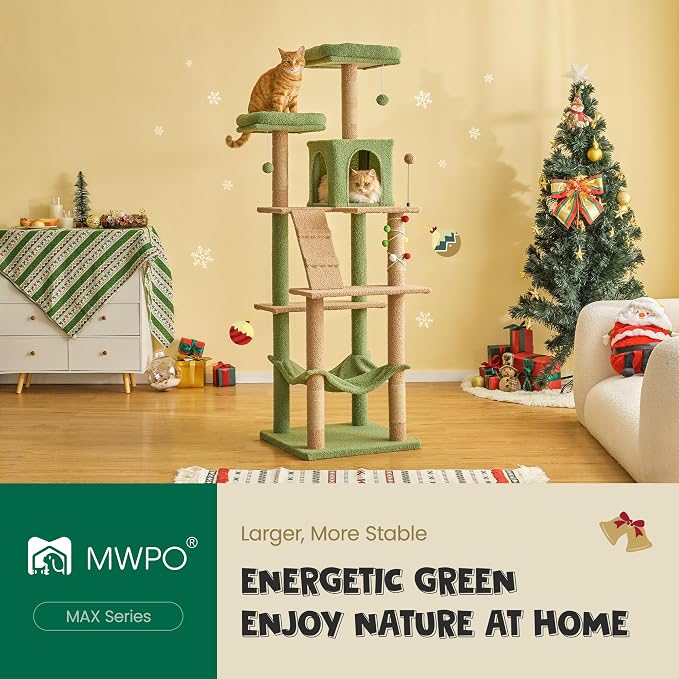 MWPO 70.1-Inch Green Large Cat Tree, Plush Cat Condo - Image 2
