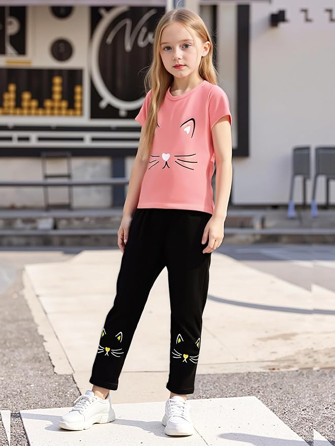 4-8T Toddler Girl Clothes Cat face print Short Sleeve Top+Pants Outfits Girl - Image 2