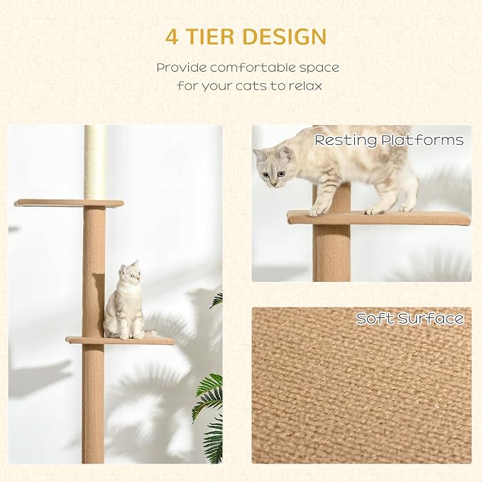 PawHut Floor-to-Ceiling Cat Tree Cat Climbing Tower - Image 5