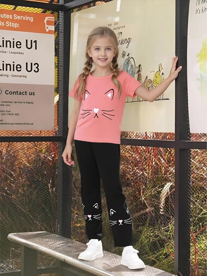 4-8T Toddler Girl Clothes Cat face print Short Sleeve Top+Pants Outfits Girl - Image 4