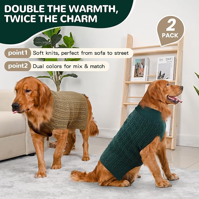 2 Pack Dog Sweaters for Large Dogs Winter Turtleneck Pullover Cable Knit Fleece - Image 2