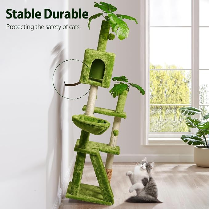 65in Tall Cat Tree with Leaves for Indoor Cats, Hanging Hammock, Cozy Perch - Image 6