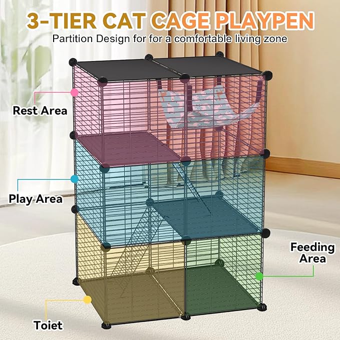 Cat Cage, 3-Tier DIY Catio Cat Enclosures, Detachable Metal Wire Kennel Cats - Image 3