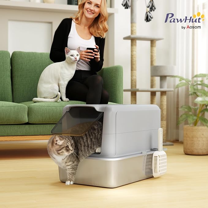 PawHut Stainless Steel Cat Litter Box, Extra Large 2 in 1 Metal Kitty Litter Pan - Image 2