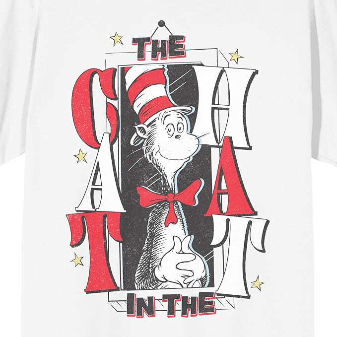 The Cat in The Hat Cat & Stars Adult White Crew Neck Short Sleeve T-Shirt - Image 2