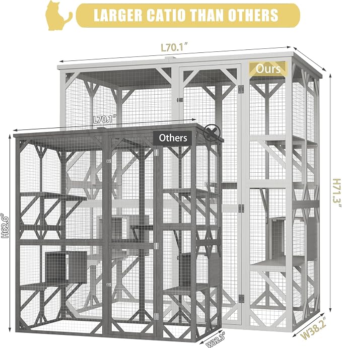 ROOMTEC Outdoor Catio with Roof 71.3" Height Large Wooden Cat Enclosure with 3 - Image 2