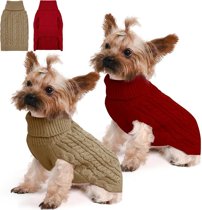 2 Pack Dog Sweaters for Small Dogs Winter Turtleneck Pullover Cable Knit Fleece by Unknown