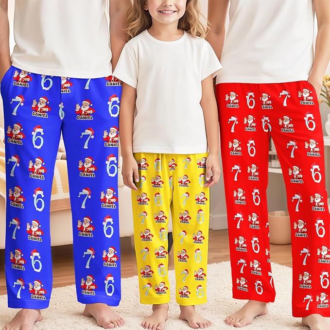 Custom Pajama Pants for Women Men, Personalized 67 Name Photo PJ Family Six - Image 2