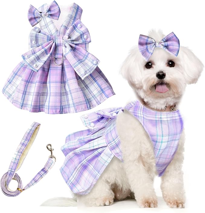 PETCARE Cute Dog Dress Clothes for Small Dogs Cats Girl Female Purple Plaid Bow by PETCARE