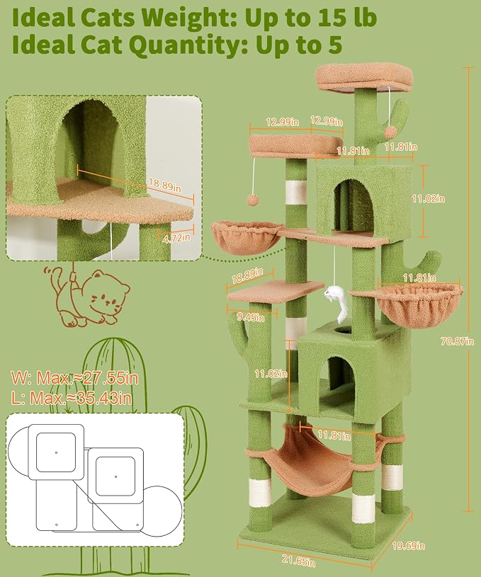 AMHANCIBLE Cactus Cat Tree, 70 Inch Tall Cat Tower - Image 7