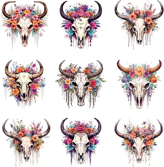9pcs Flower Cow Skull Iron On Heat Transfer Stickers Ready to Press Vinyl Decal by Amazingxy