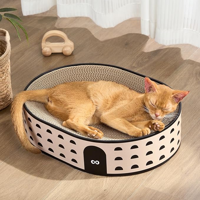 Oval Cat Scratcher Bed, 2-in-1 Cat Scratching Board, Natural Corrugated by Conlun