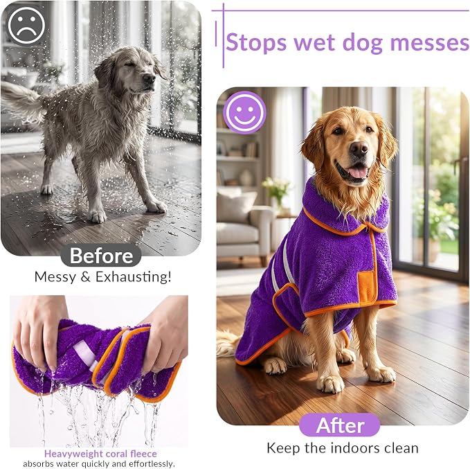 Bienbee Dog Bathrobe, Super Absorbent for Small to Large Dogs, Purple M - Image 2