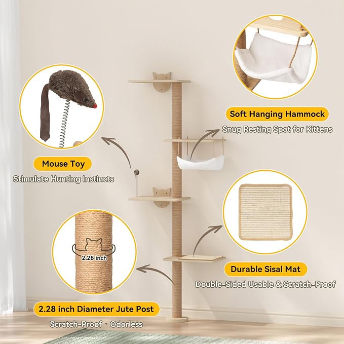 COZIWOW Cat Tree Wall Mounted 4 Tier Cats Climbing Tower 69" Sisal Scratching - Image 6