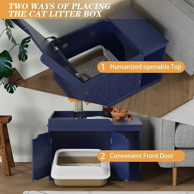 Flip Top Cat Litter Boxes Enclosure Covered Litter Box Hidden Furniture Wooden - Image 2