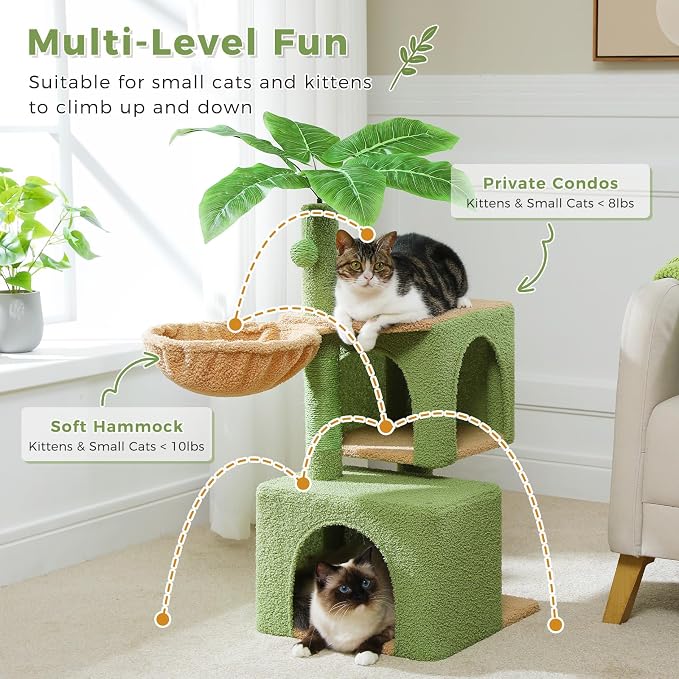 Green Cat Tree for Indoor Cats, Scratching Posts, Dual Condos and Cozy Hammocks - Image 3
