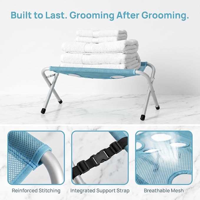 Grooming Pet Grooming Mesh Bath Stand Foldable Metal Frame with Quick Surface and Strap Suitable for pet Washing Maintenance Travel Grooming, Blue - Image 6