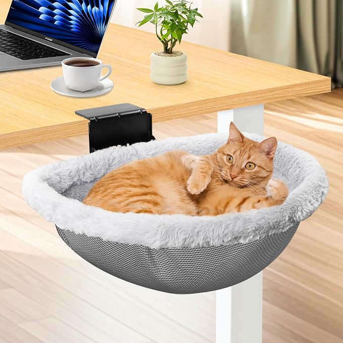 Stable Cat Desk Bed with Heavy-Duty Clamp | Sunken Hammock Design & Faux Rabbit - Image 9