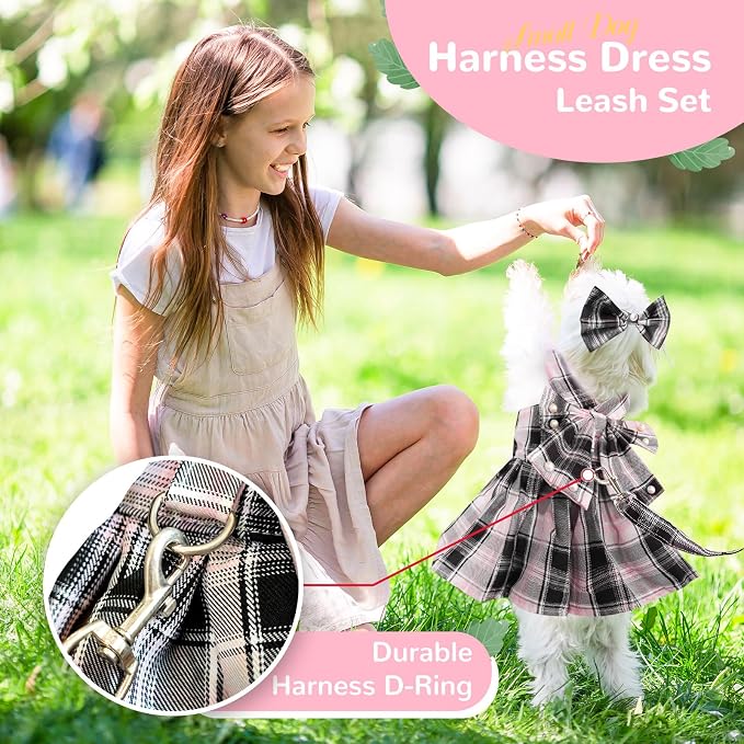PETCARE Cute Dog Dress Clothes for Small Dogs Cats Girl Female Pink Plaid Bow - Image 3