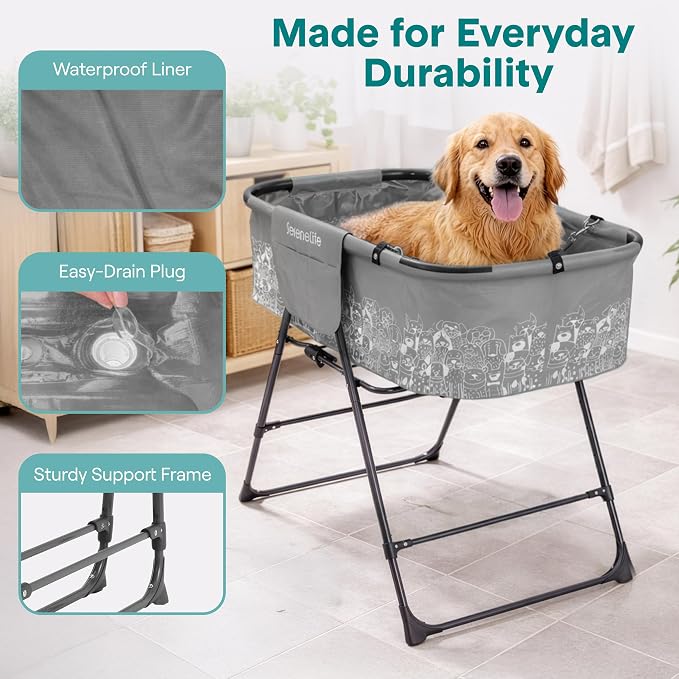 SereneLife Foldable Dog Bath Tub with Adjustable Height, 360° Access, Drain Hose & Storage Pockets – 130 lb Capacity Grooming Station for Indoor/Outdoor Use (Gray) - Image 6