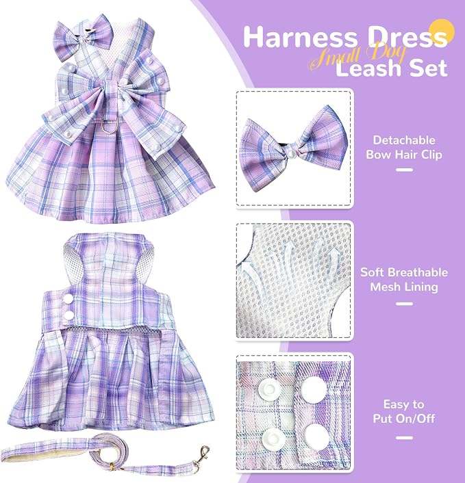 PETCARE Cute Dog Dress Clothes for Small Dogs Cats Girl Female Purple Plaid Bow - Image 5
