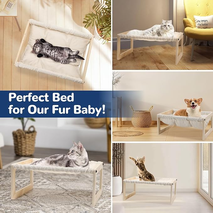 Cat Bed with Removable Washable Cushion, 9.5" Elevated Wooden Cat Hammock Bed - Image 6