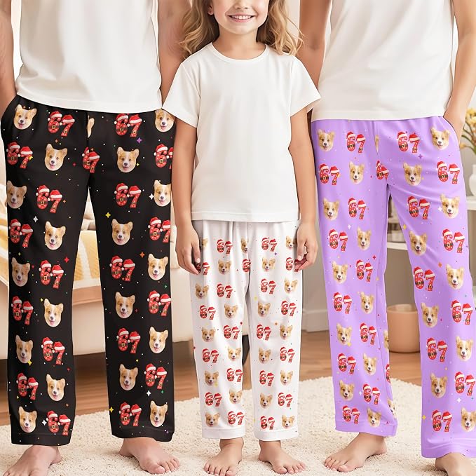 Custom Pajama Pants for Women Men, Personalized 67 Name Photo PJ Family Six - Image 2
