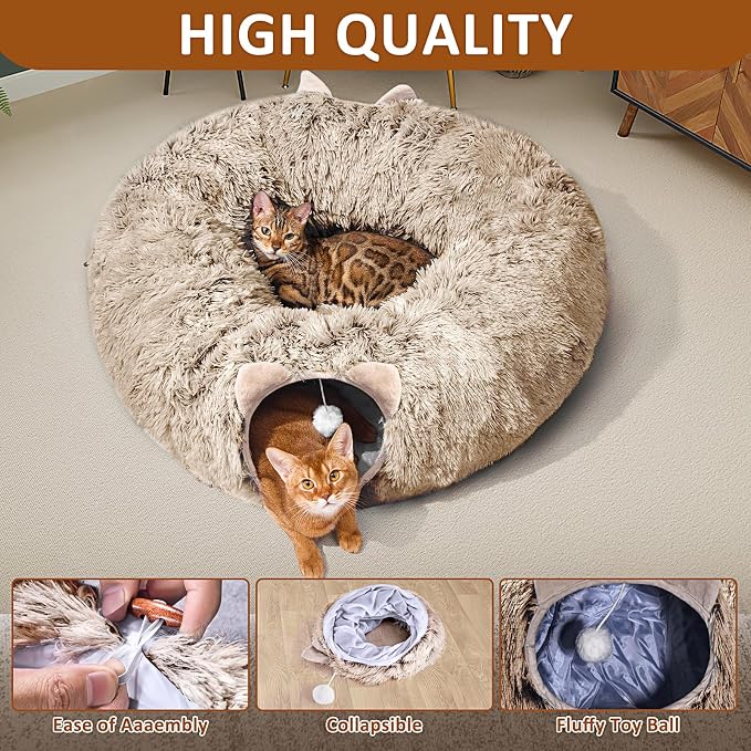 Cat Tunnel with Cat Bed for Indoor Cats, Soft Plush Peekaboo Cat Cave Donut - Image 6
