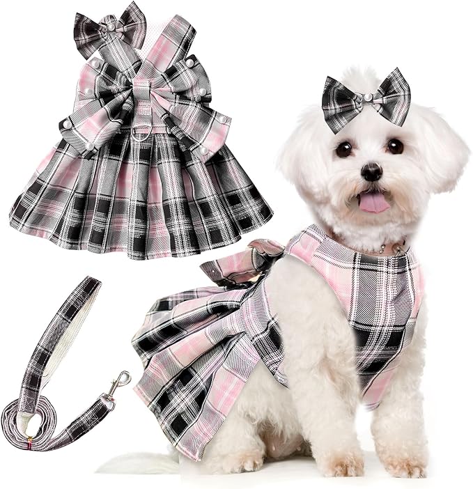 PETCARE Cute Dog Dress Clothes for Small Dogs Cats Girl Female Pink Plaid Bow by PETCARE