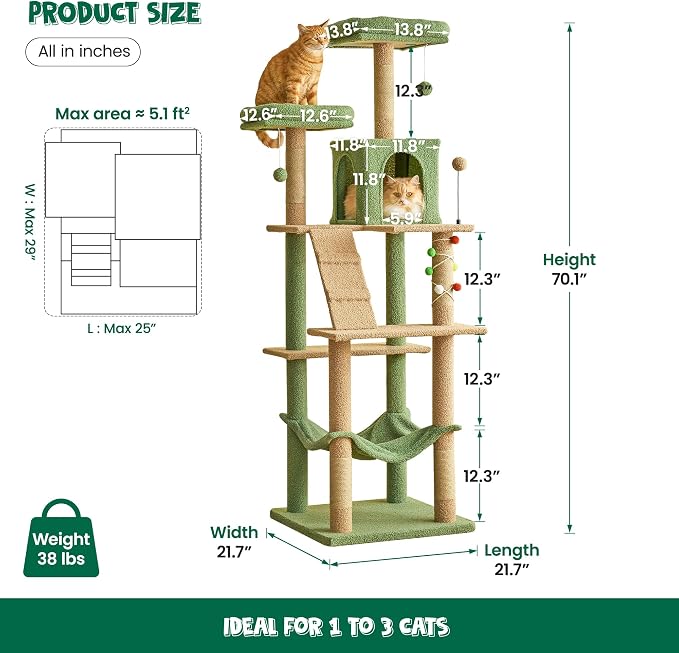 MWPO 70.1-Inch Green Large Cat Tree, Plush Cat Condo - Image 6