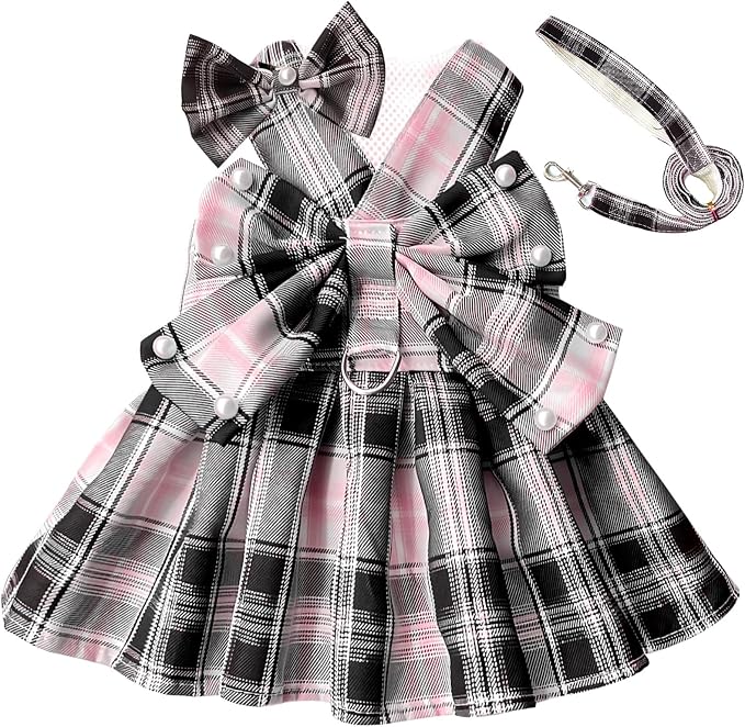 PETCARE Cute Dog Dress Clothes for Small Dogs Cats Girl Female Pink Plaid Bow - Image 7