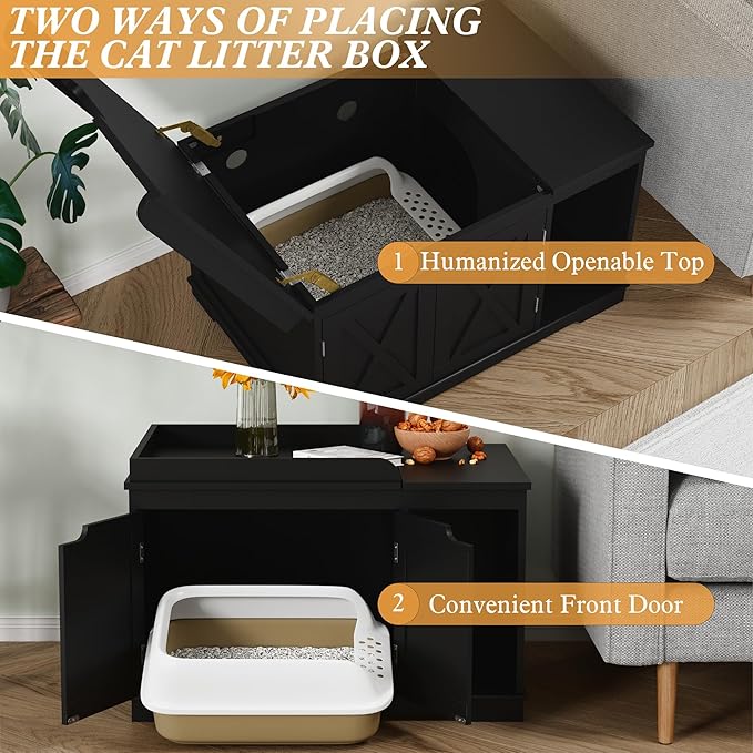 Flip Top Cat Litter Boxes Enclosure Covered Litter Box Hidden Furniture Wooden - Image 2