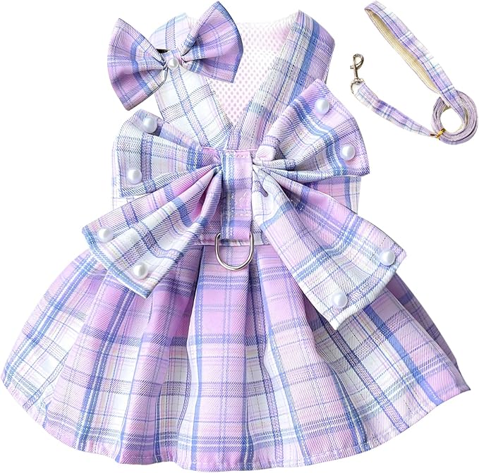 PETCARE Cute Dog Dress Clothes for Small Dogs Cats Girl Female Purple Plaid Bow - Image 7