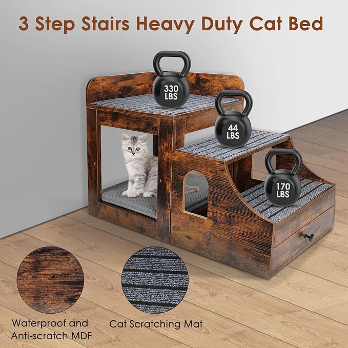 Cat Window Perch with Removable Stairs, Large Pet Bunk Bed with Drawer and - Image 2