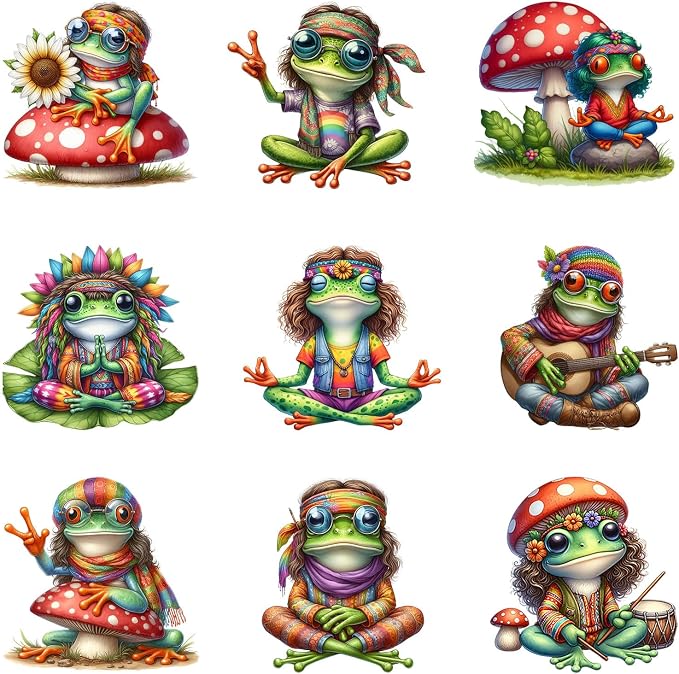 9pcs Frog Mushroom Iron On Heat Transfer Stickers Ready to Press Vinyl Decal by Amazingxy