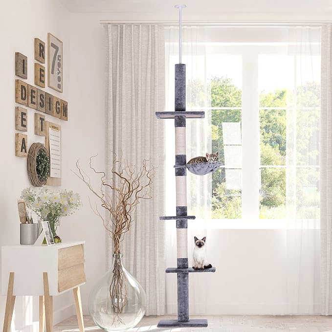 PawHut 102" Adjustable Height Floor to Ceiling Cat Tree, 5 Level Cat Tower - Image 2