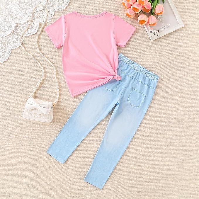 4-8T Toddler Girl Clothes Cat face print Short Sleeve Top+Pants Outfits Girl - Image 7