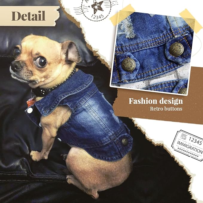 Cool Dog Jean Jacket Small Puppy Outfits Frenchie Clothes Denim Coats - Image 4