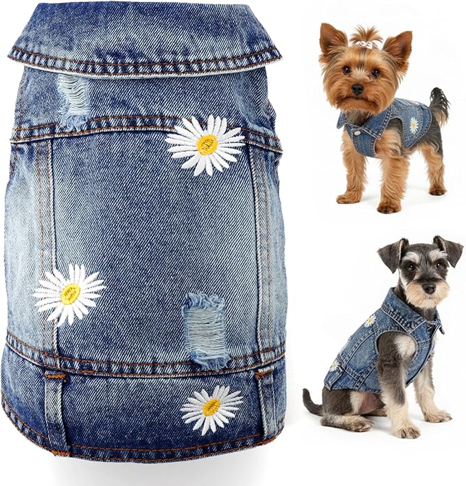 Dog Denim Jacket with Embroidered Daisy, Ripped Vintage Jean Vest by pawstrip