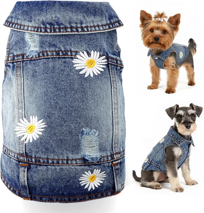 Dog Denim Jacket with Embroidered Daisy, Ripped Vintage Jean Vest by pawstrip