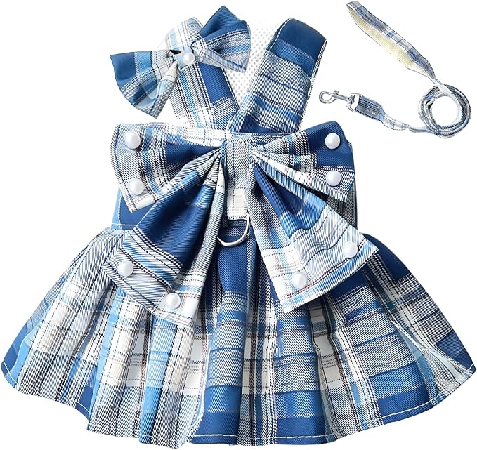 PETCARE Cute Dog Dress Clothes for Small Dogs Cats Girl Female Blue Plaid Bow - Image 7