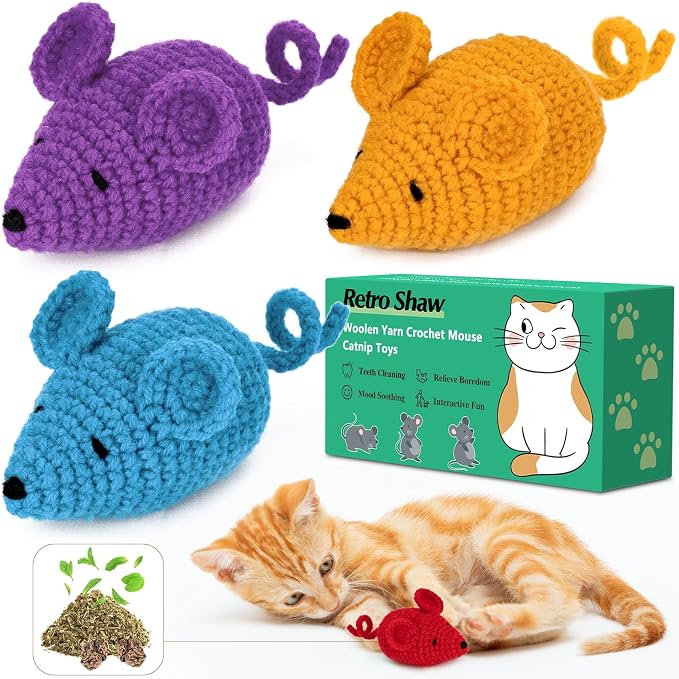 Retro Shaw Catnip Toys Crochet Mice Cat Toys, Safe Teeth Cleaning Toy by RetroShaw