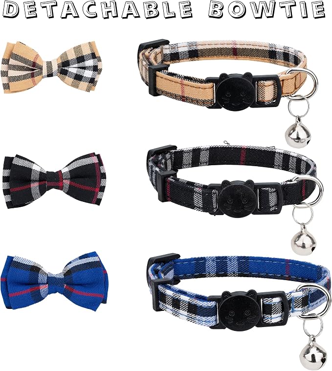 Cat Collar 3pcs Set Classical Plaid Tartan Grid Pattern Detachable Bowtie & - Image 5