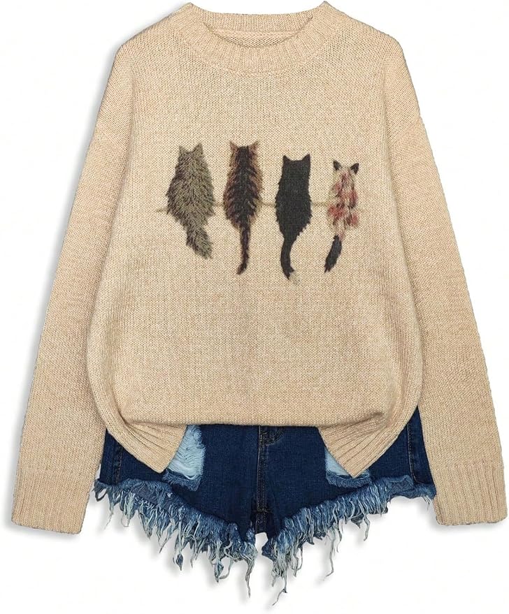 WDIRARA Women's Cat Graphic Sweater Long Sleeve Crew Neck Knit Tops Casual - Image 5