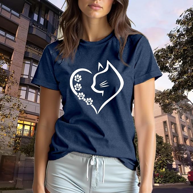 Cat Shirts for Women Cat Mom Tshirts Pet Lover Shirt Cats Paw Print Tee Tops - Image 3