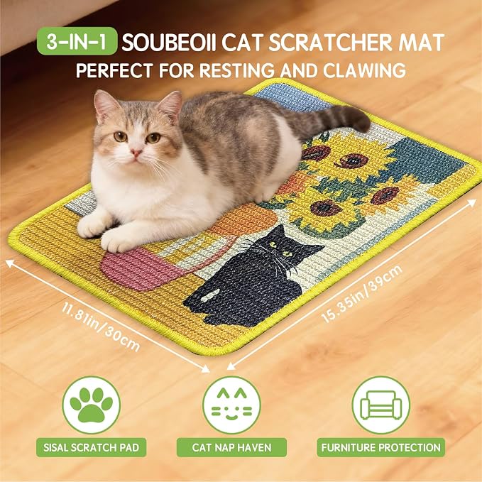 3-in-1 Sisal Cat Scratcher Mat 15x12 Inch – Art Cat Wall Scratcher - Image 3