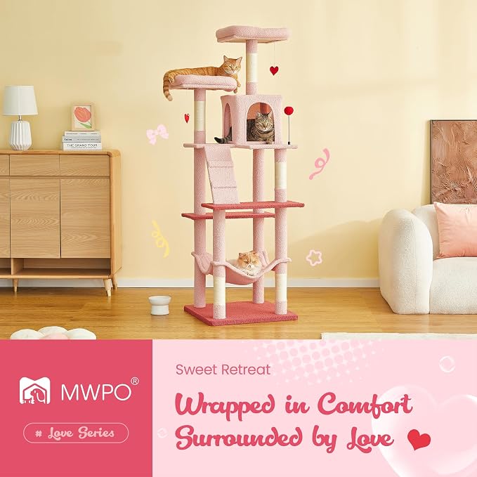 MWPO Cute Cat Tree, 70.1-Inch Tall Pink Cat Tower - Image 2