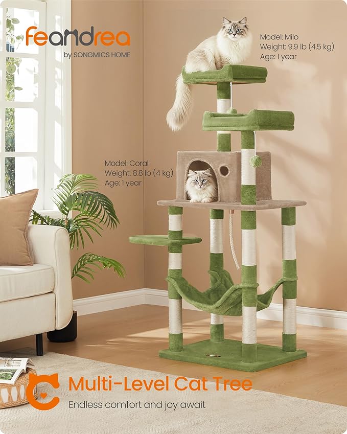 Feandrea Cat Tree, 56.3-Inch Cat Tower, 2 Perches, Grass Green and Camel Brown - Image 2