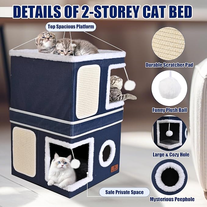 2-Story Cat House for Indoor Cats, Dual-Purpose Cat Cave Bed - Image 5